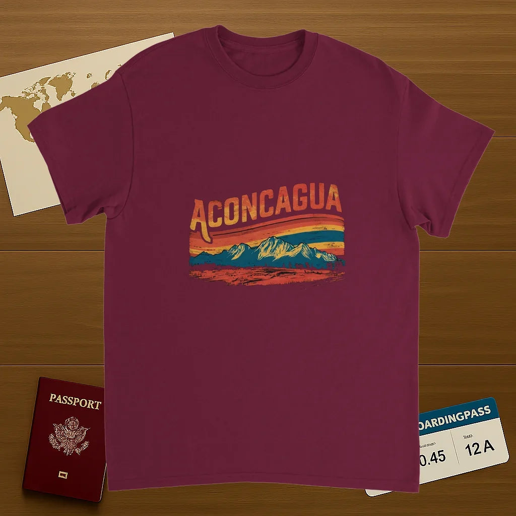 Aconcagua Argentina Unisex Travel T-Shirt on wooden background with world map, passport, and boarding pass