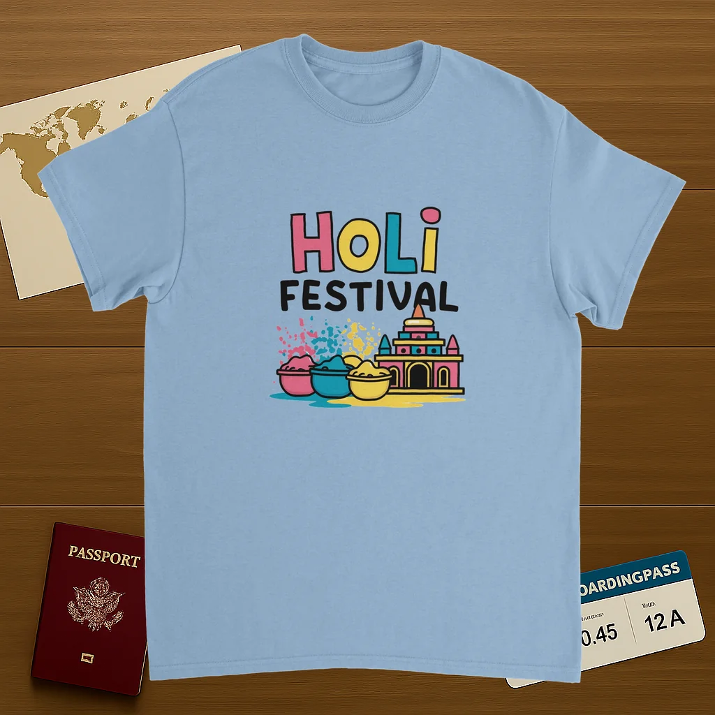 light blue Holi Festival Mathura India Unisex Travel T-Shirt on wooden background with world map, passport, and boarding pass