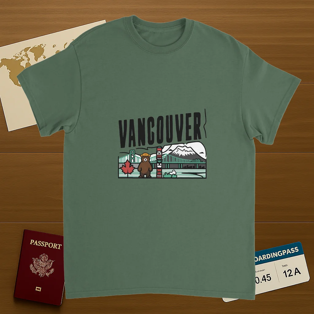 military green Vancouver Canada Unisex Travel T-Shirt on wooden background with world map, passport, and boarding pass