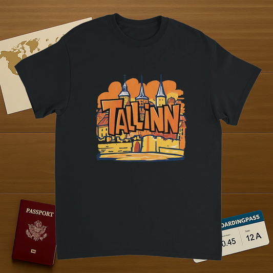 black Tallinn Estonia Unisex Travel T-Shirt on wooden background with world map, passport, and boarding pass
