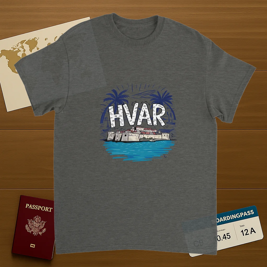 Hvar Croatia Unisex Travel T-Shirt on wooden background with world map, passport, and boarding pass