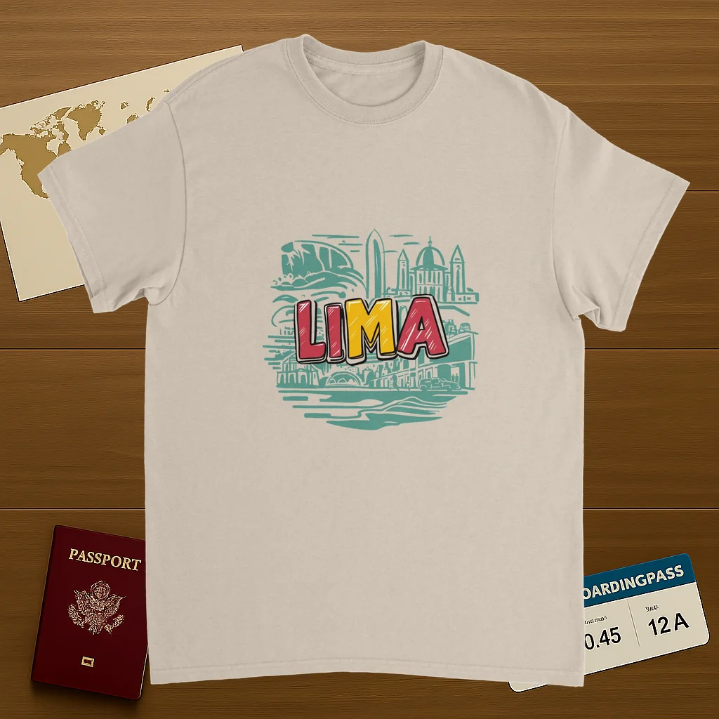 Lima Peru Unisex Travel T-Shirt on wooden background with world map, passport, and boarding pass
