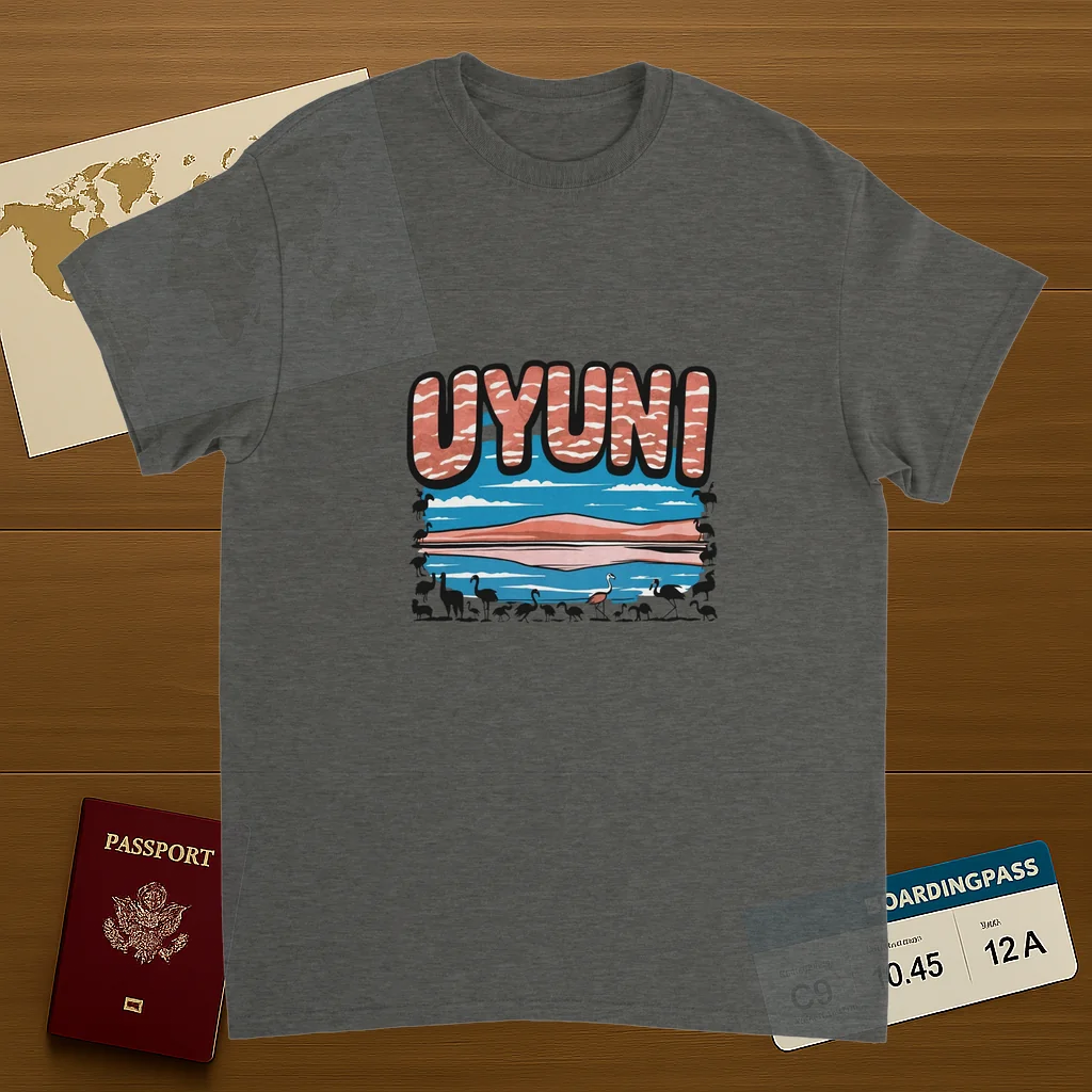 Uyuni Bolivia Unisex Travel T-Shirt on wooden background with world map, passport, and boarding pass