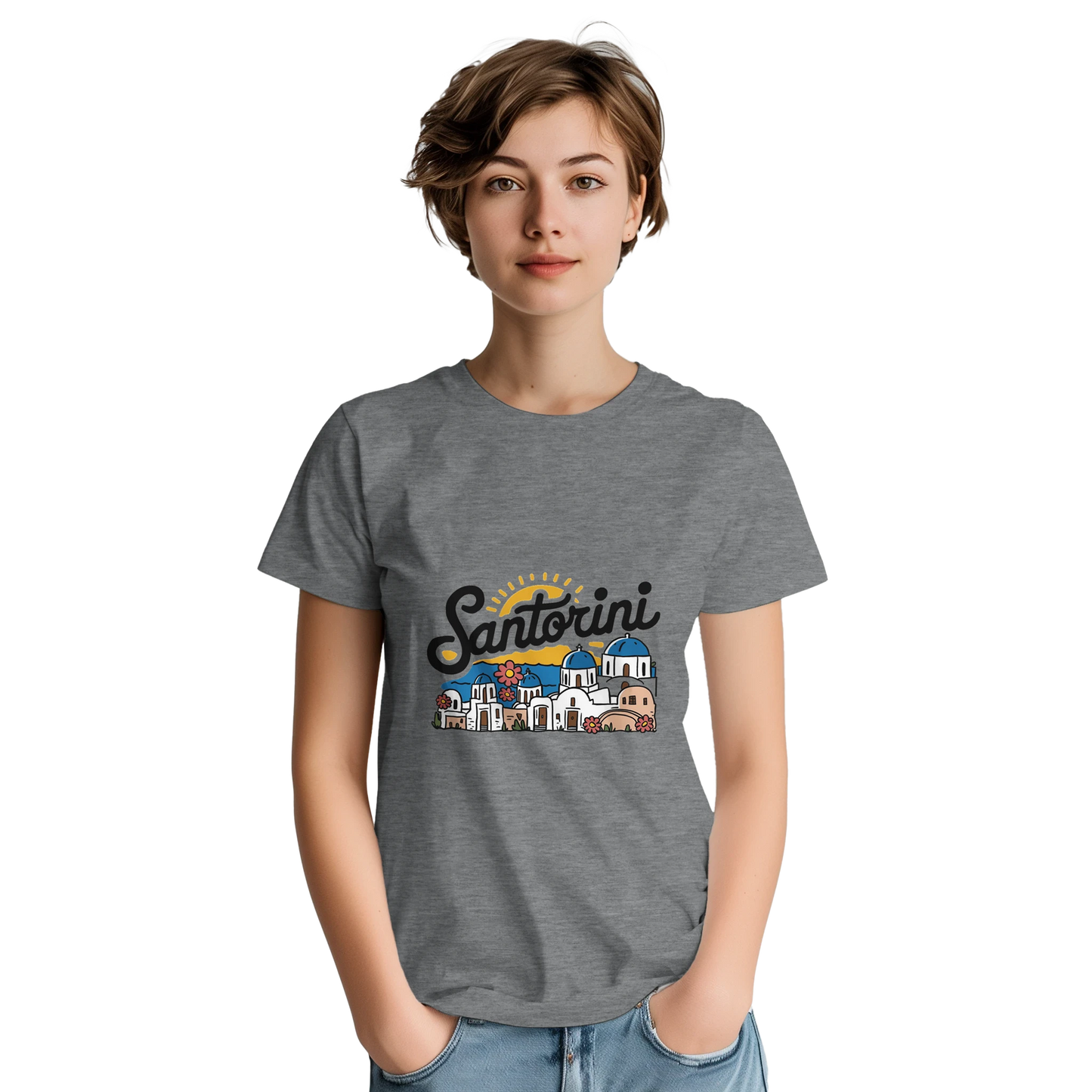 Santorini Greece Unisex Travel T-Shirt featuring a person