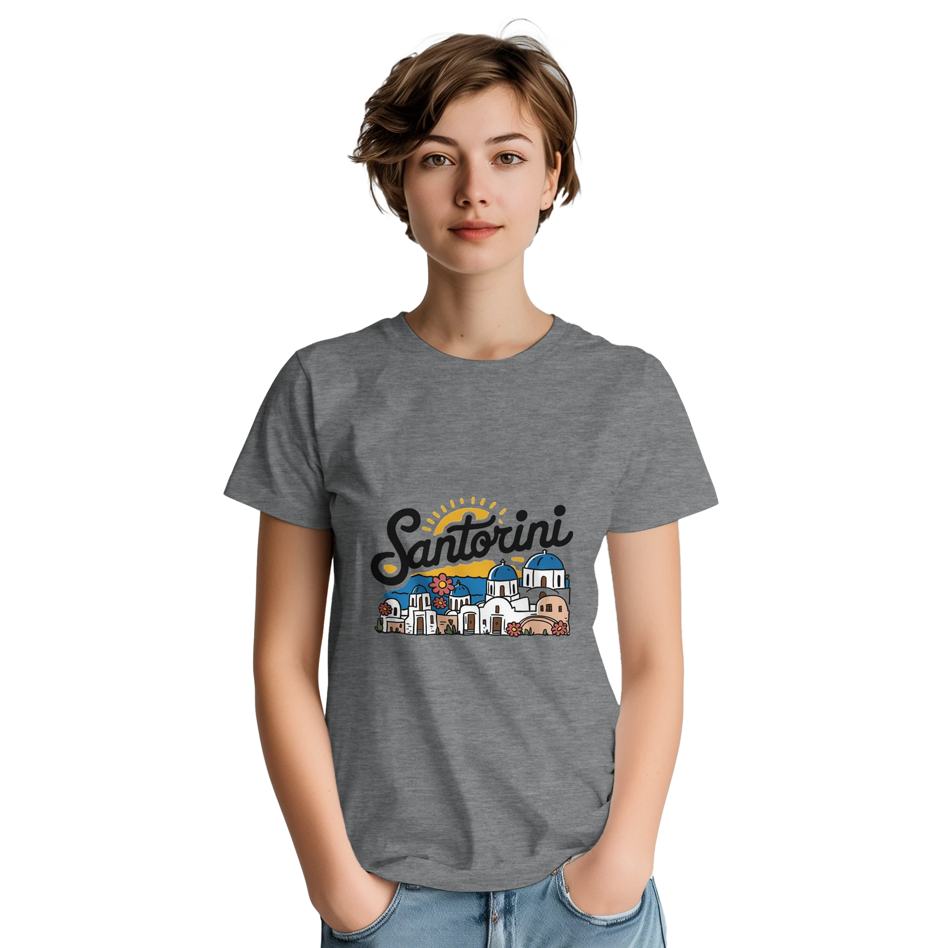 Santorini Greece Unisex Travel T-Shirt featuring a person