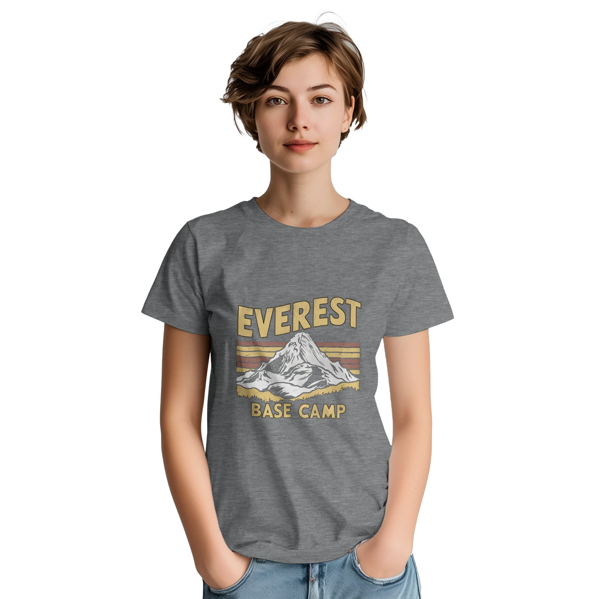 Everest Base Camp Nepal Unisex Travel T-Shirt on wooden background with world map, passport, and boarding pass