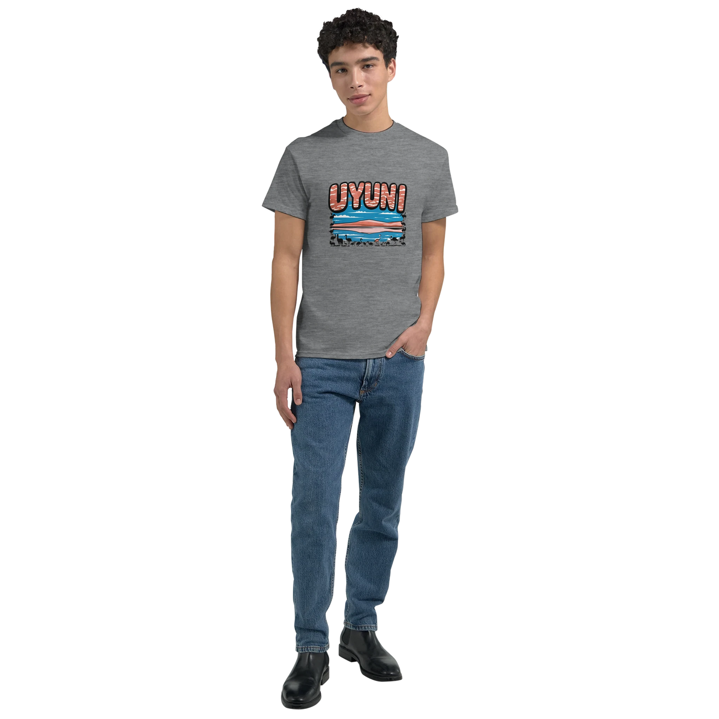 Uyuni Bolivia Unisex Travel T-Shirt featuring a man