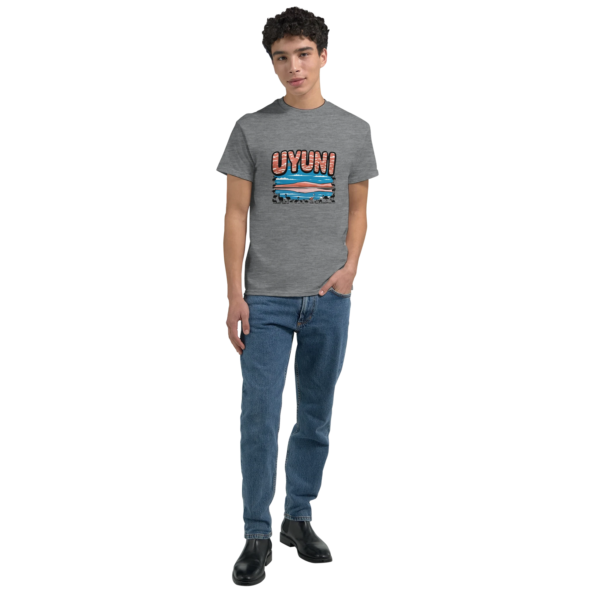 Uyuni Bolivia Unisex Travel T-Shirt featuring a man