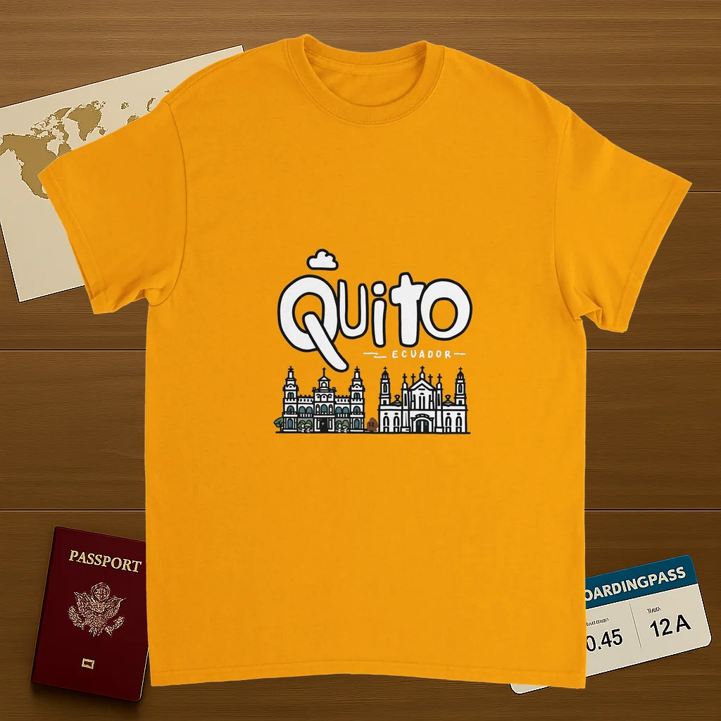gold Quito Ecuador Unisex Travel T-Shirt on wooden background with world map, passport, and boarding pass