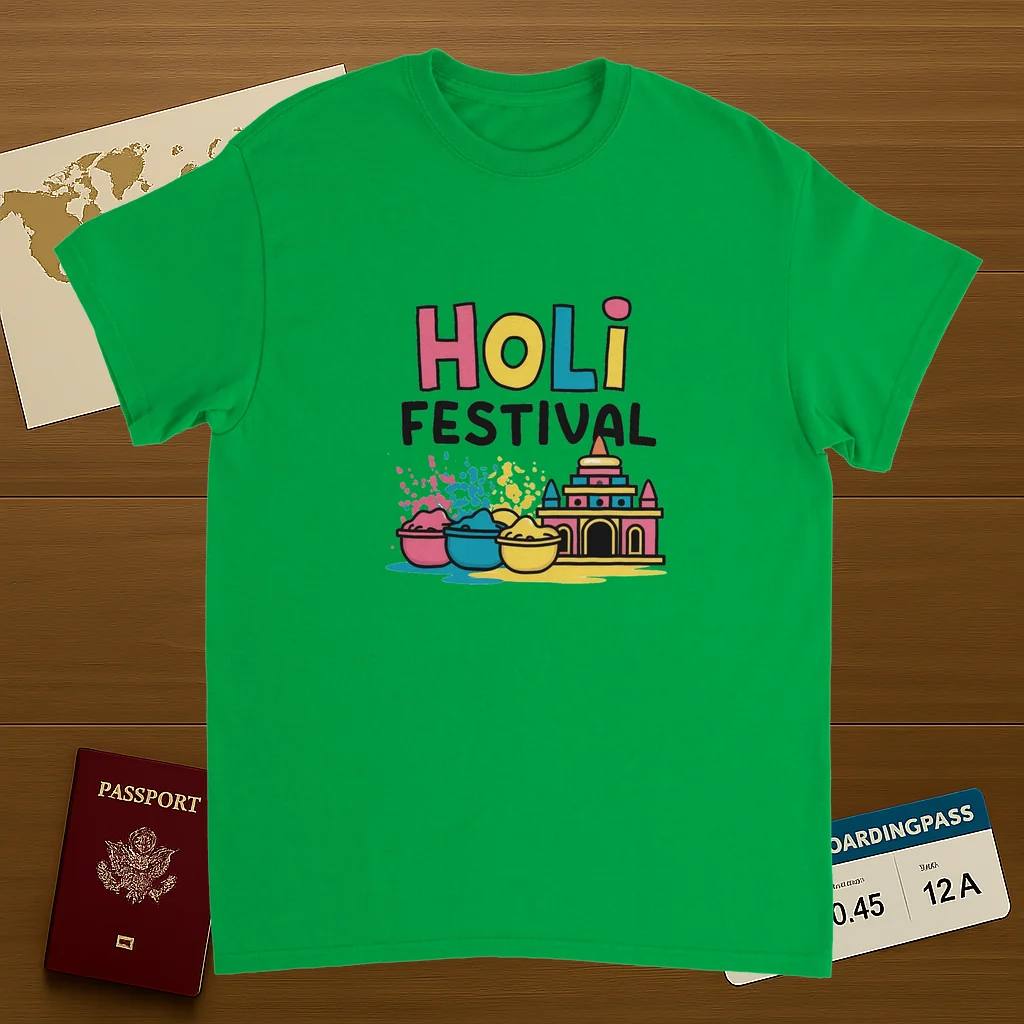 irish green Holi Festival Mathura India Unisex Travel T-Shirt on wooden background with world map, passport, and boarding pass