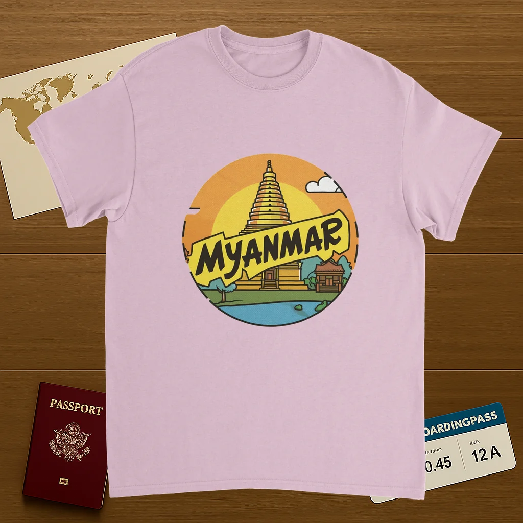 light pink Myanmar Unisex Travel T-Shirt on wooden background with world map, passport, and boarding pass