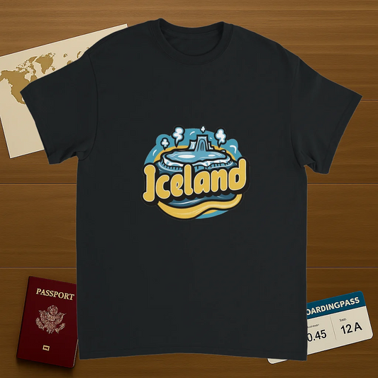 black Iceland Unisex Travel T-Shirt on wooden background with world map, passport, and boarding pass