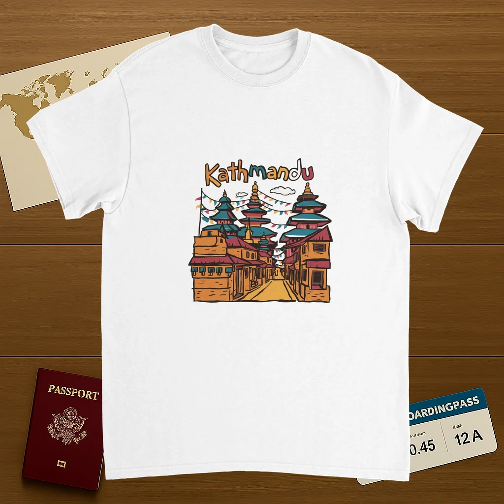 white Kathmandu Nepal Unisex Travel T-Shirt on wooden background with world map, passport, and boarding pass