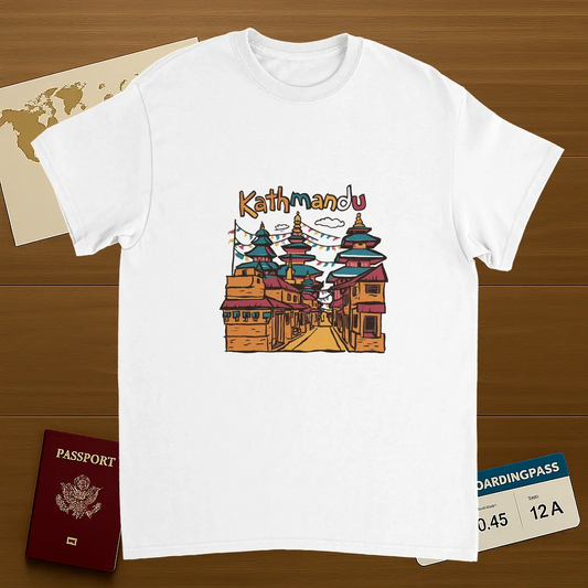 white Kathmandu Nepal Unisex Travel T-Shirt on wooden background with world map, passport, and boarding pass
