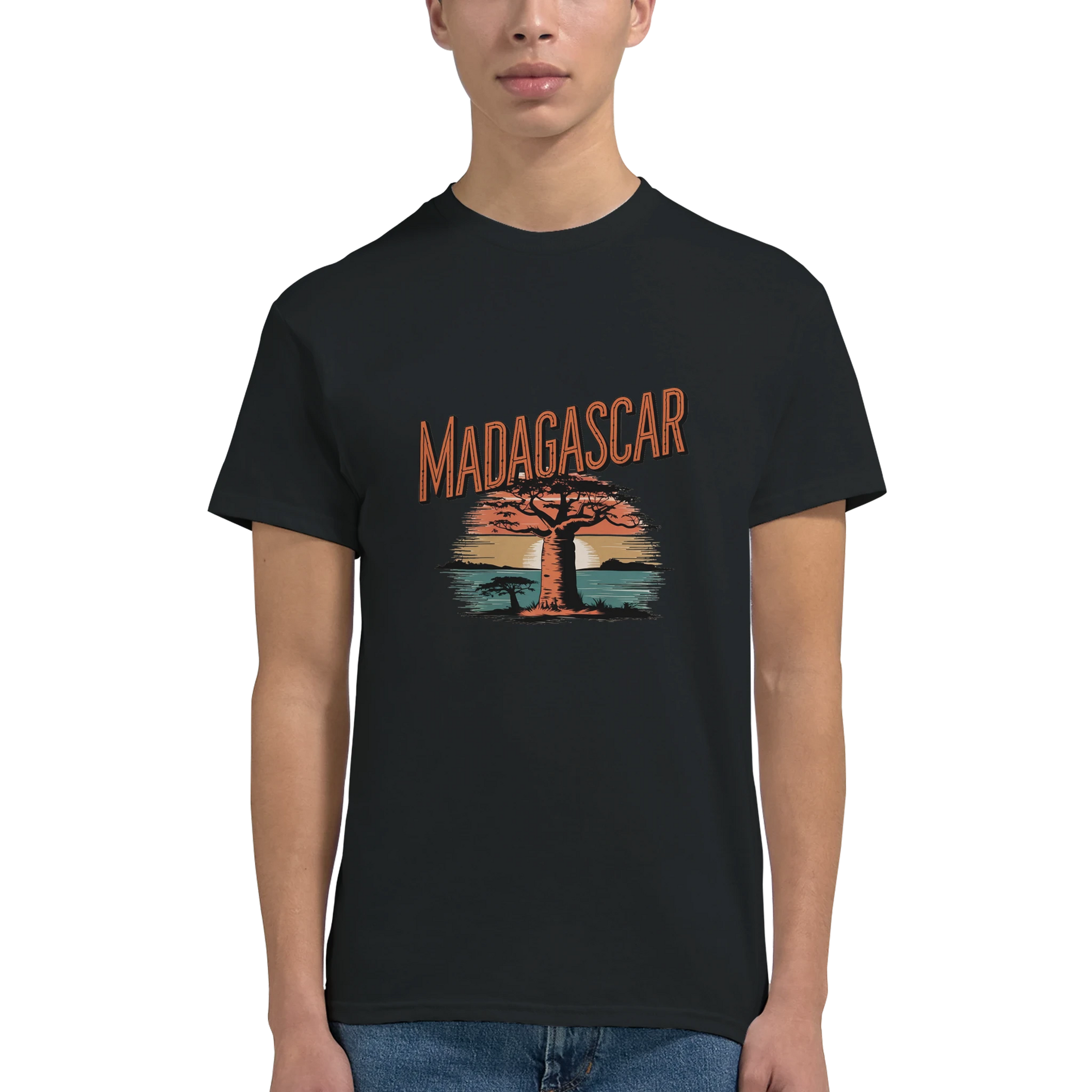 Madagascar Unisex Travel T-Shirt on wooden background with world map, passport, and boarding pass