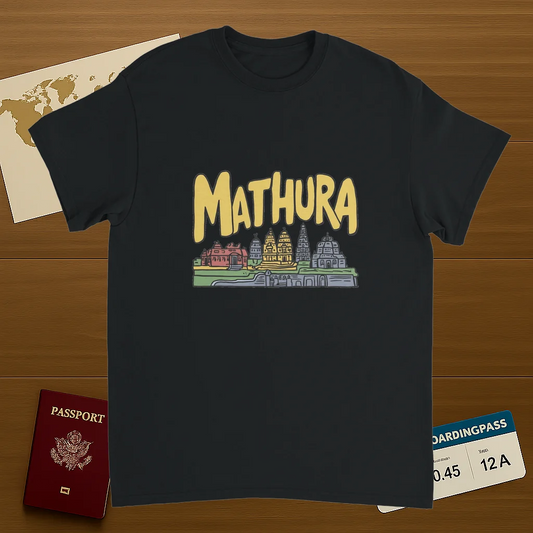 black Mathura India Unisex Travel T-Shirt on wooden background with world map, passport, and boarding pass