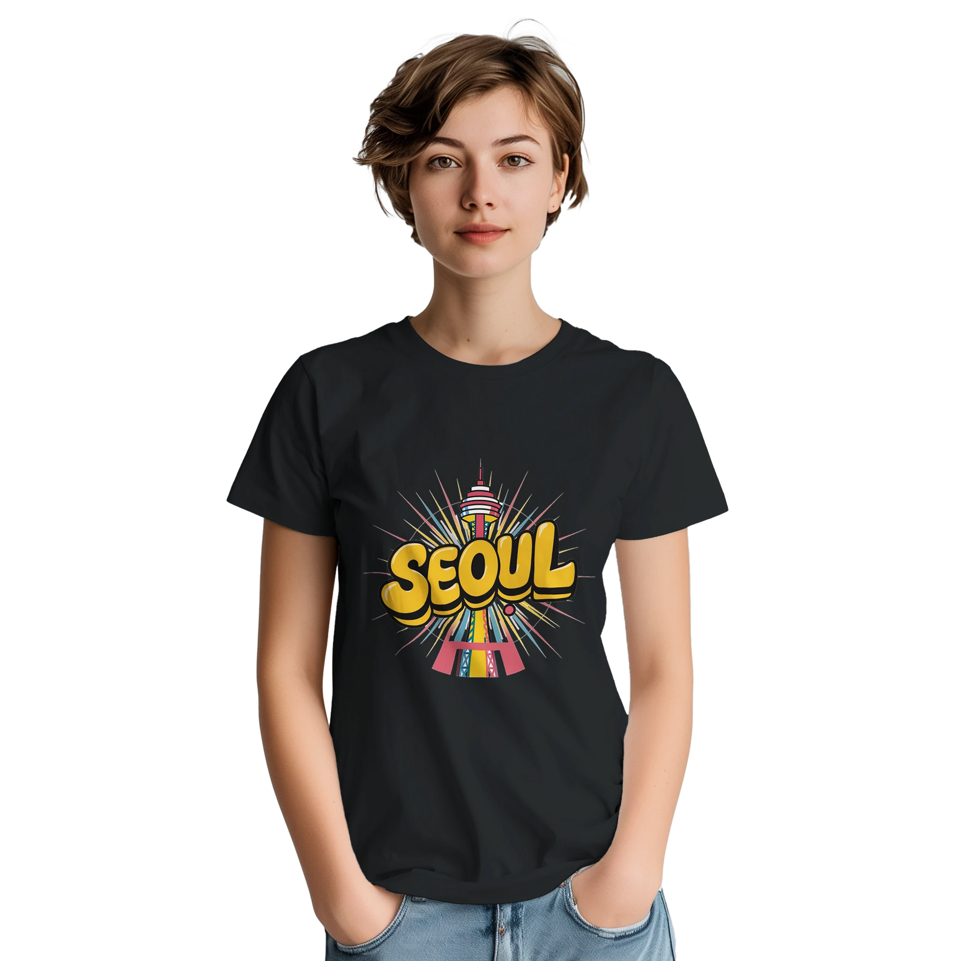 Seoul South Korea Unisex Travel T-Shirt on wooden background with world map, passport, and boarding pass