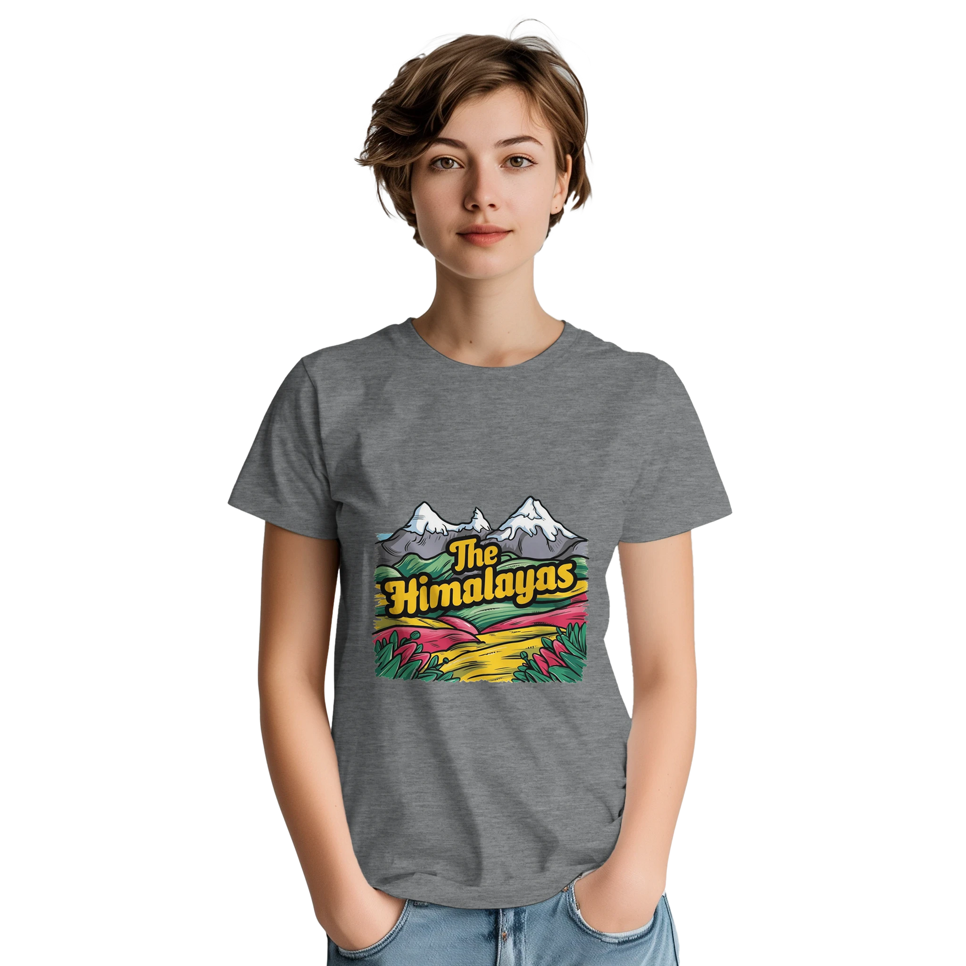 Himalayas Unisex Travel T-Shirt on wooden background with world map, passport, and boarding pass