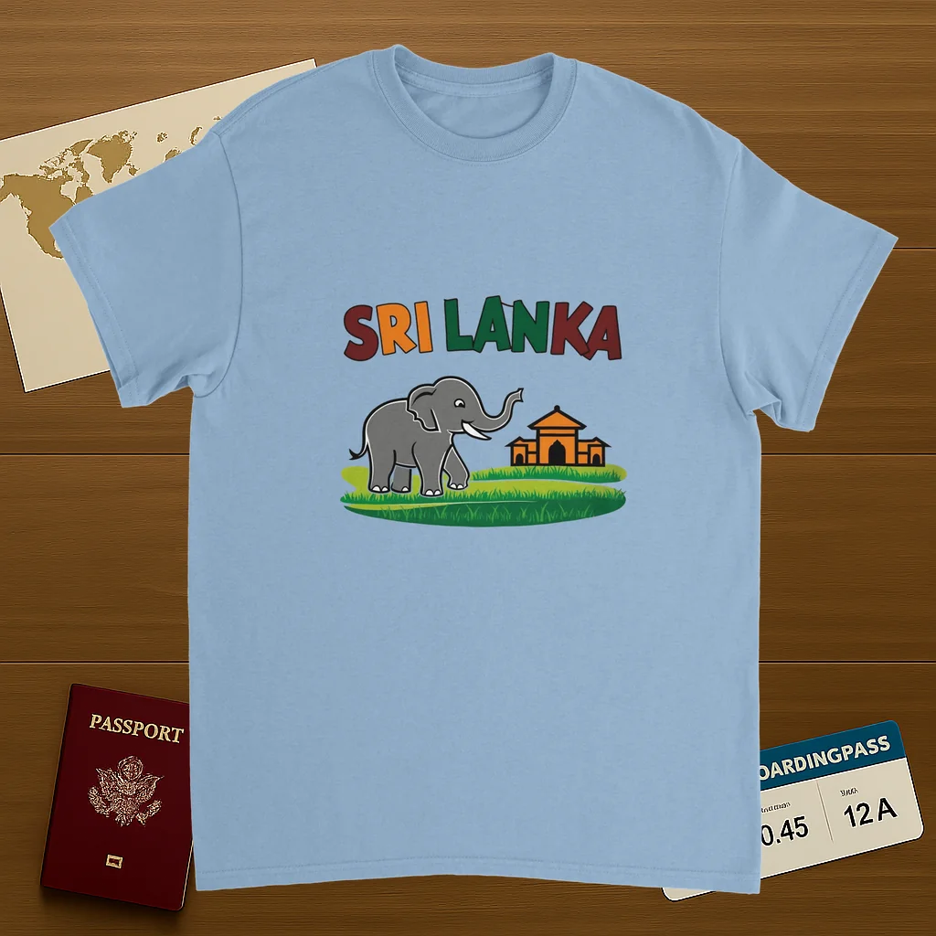 light blue Sri Lanka Unisex Travel T-Shirt on wooden background with world map, passport, and boarding pass