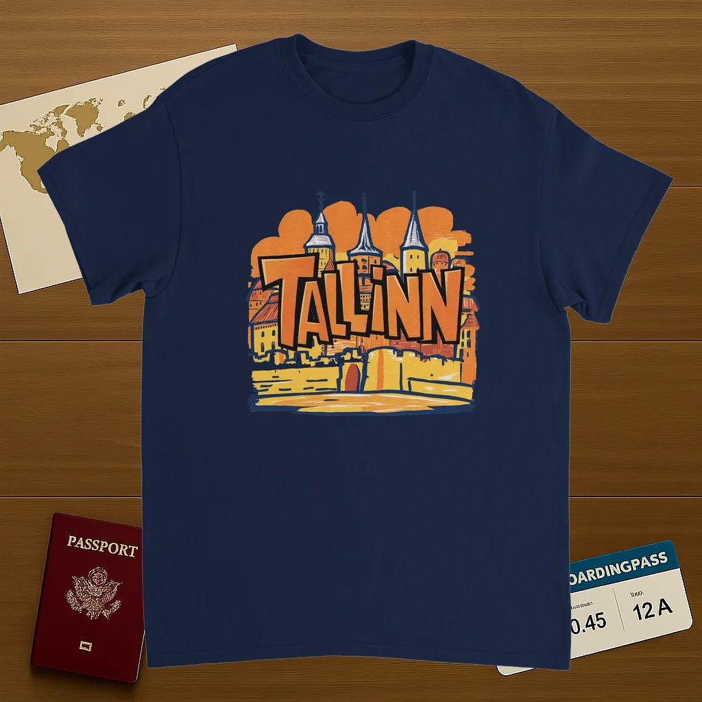 navy Tallinn Estonia Unisex Travel T-Shirt on wooden background with world map, passport, and boarding pass