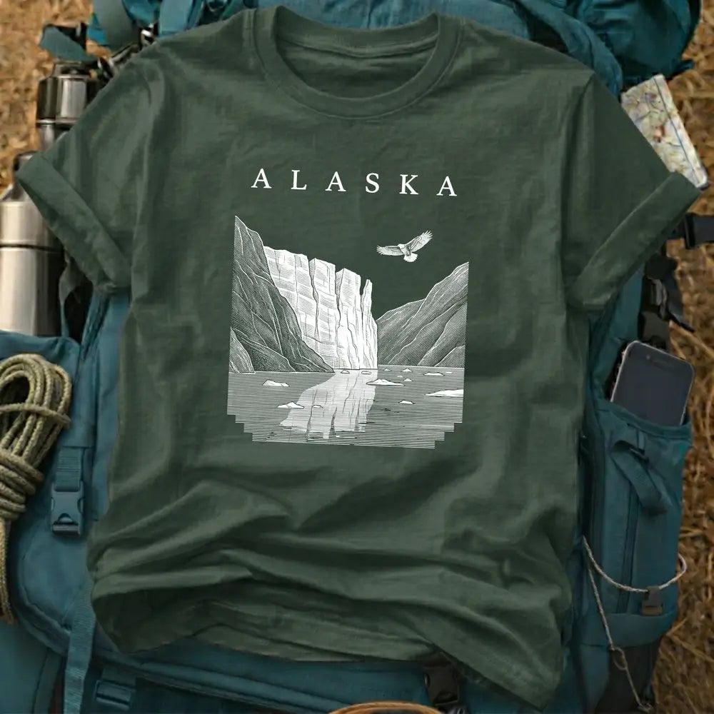 Alaska T-Shirt – Minimalist Glacier Fjord Woodcut Graphic Tee