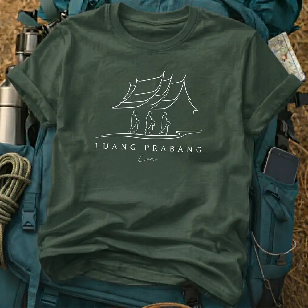 Luang Prabang Laos T-Shirt – Minimalist Buddhist Monks Line Art Graphic Tee
