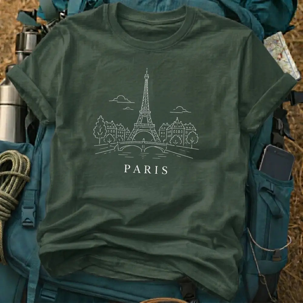 Paris France T-Shirt – Retro Fine Line Eiffel Tower & Seine Graphic Tee