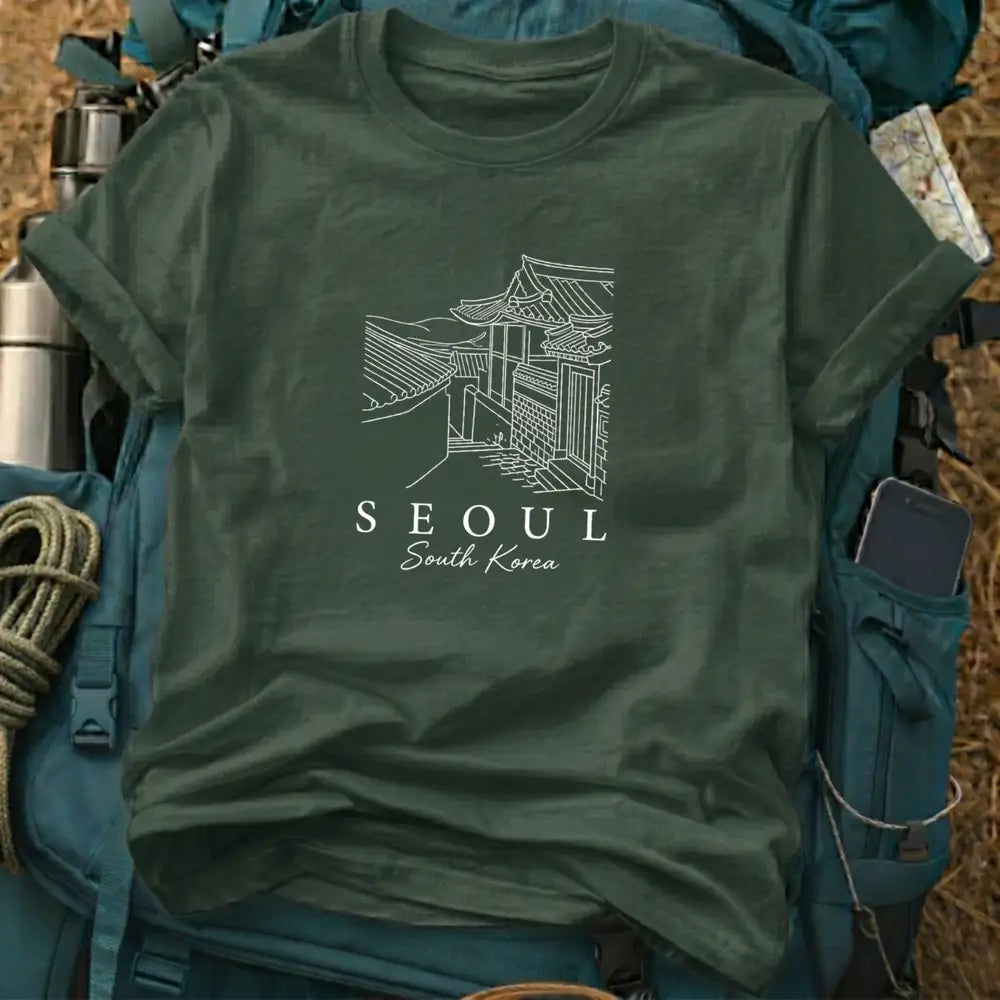 Seoul South Korea T-Shirt – Minimalist Hanok Village Line Art Graphic Tee