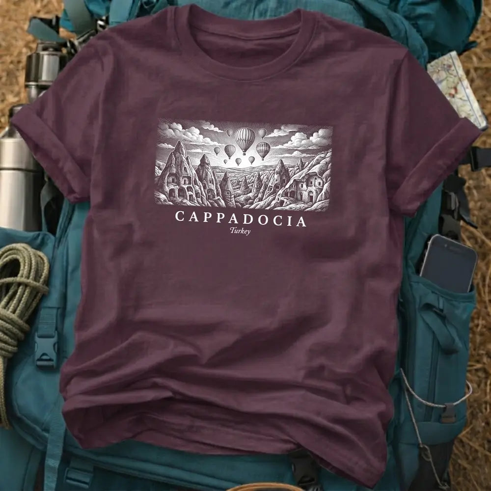 Cappadocia Turkey Vintage Engraving T-Shirt – Hot Air Balloon Graphic Tee