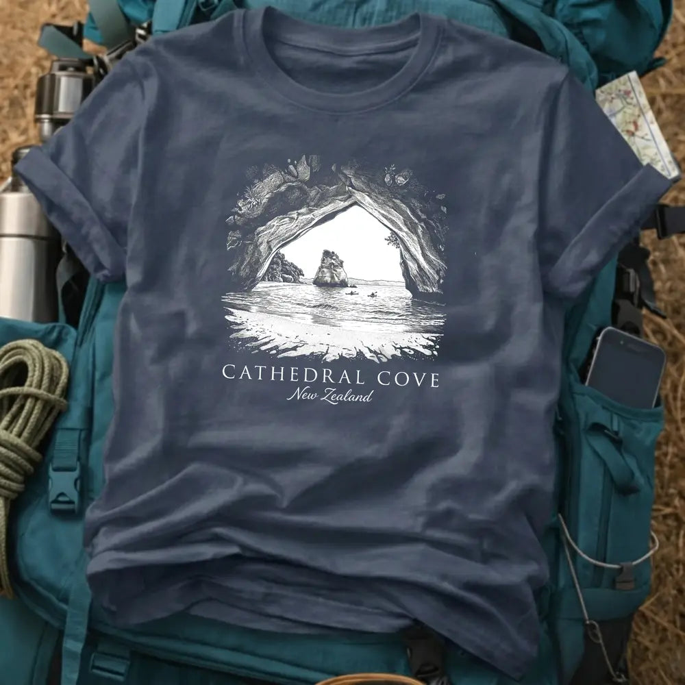 Cathedral Cove New Zealand Vintage Engraving T-Shirt – Travel Graphic Tee