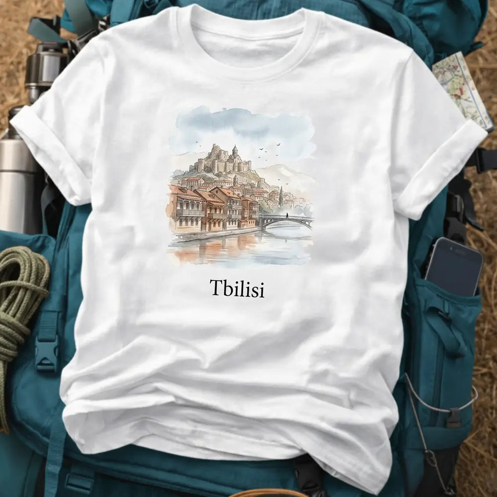 Tbilisi Georgia T-Shirt – Retro Watercolor Narikala Fortress & Old Town Graphic Tee
