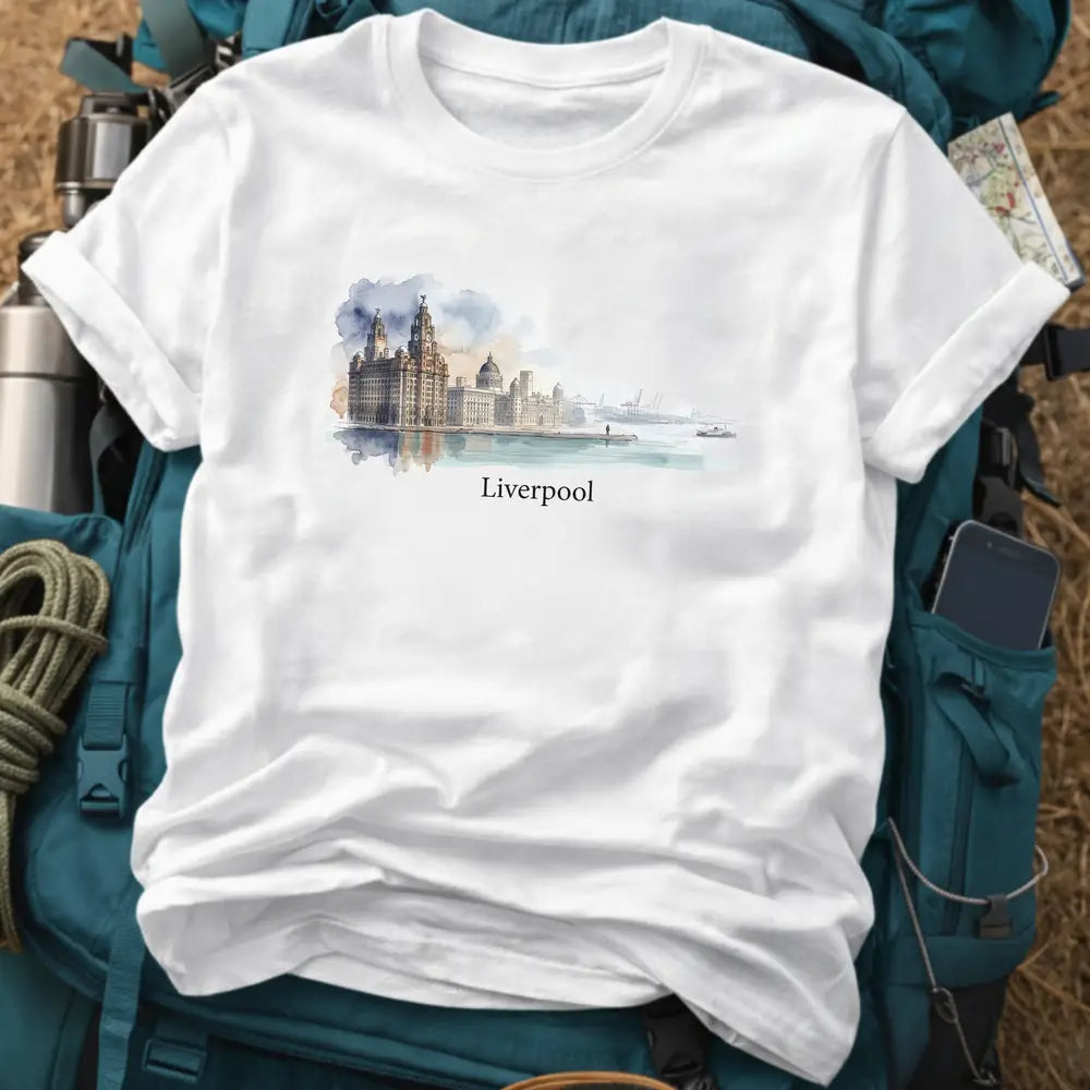 Liverpool England T-Shirt – Retro Watercolor Royal Liver Building Graphic Tee