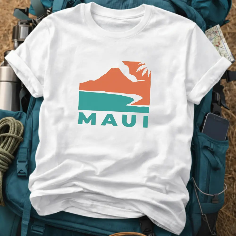 Maui Hawaii T-Shirt – Retro Geometric Volcano & Palm Coast Graphic Tee