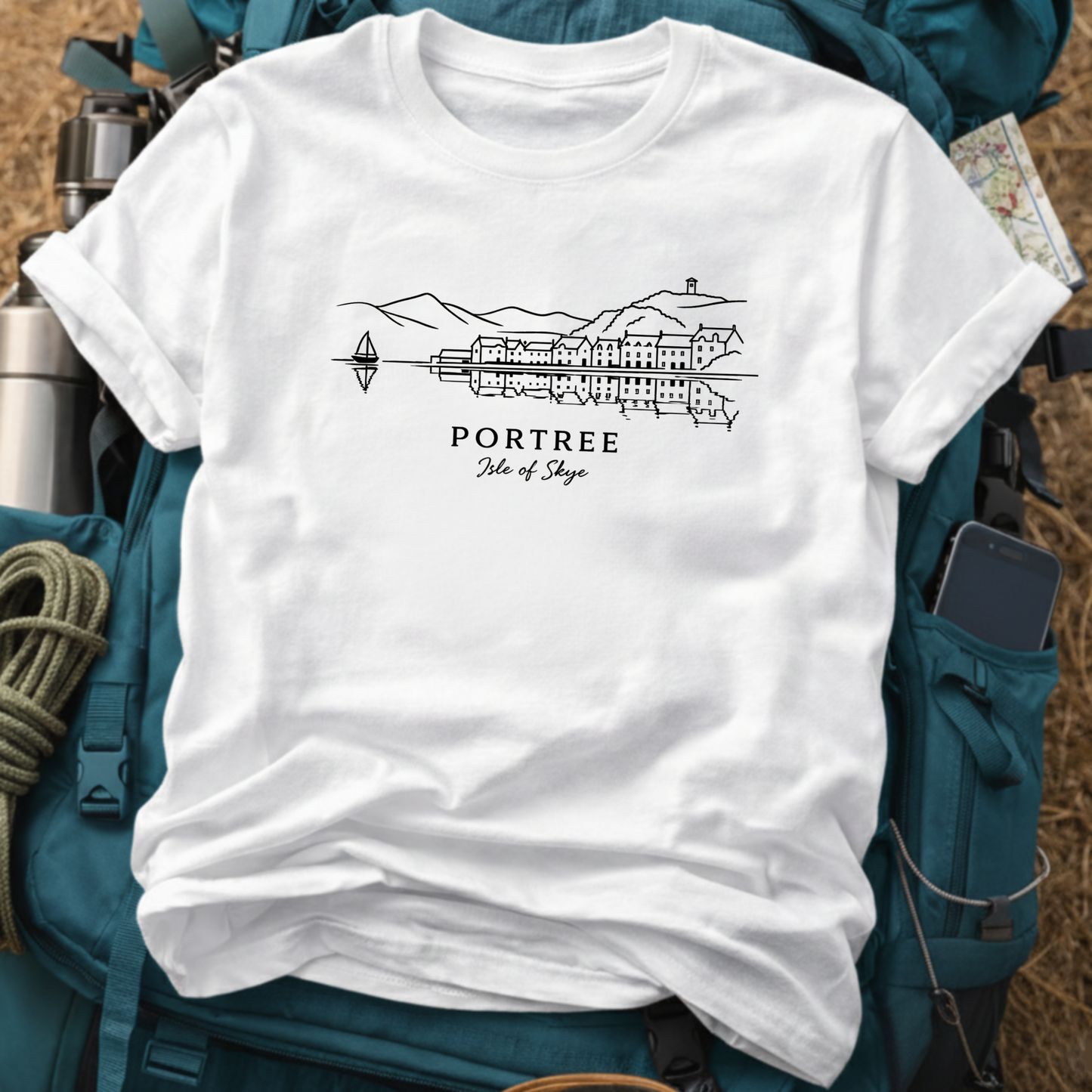 Portree Isle of Skye Vintage Harbor Tee - Scottish Highlands Coastal Graphic T-Shirt