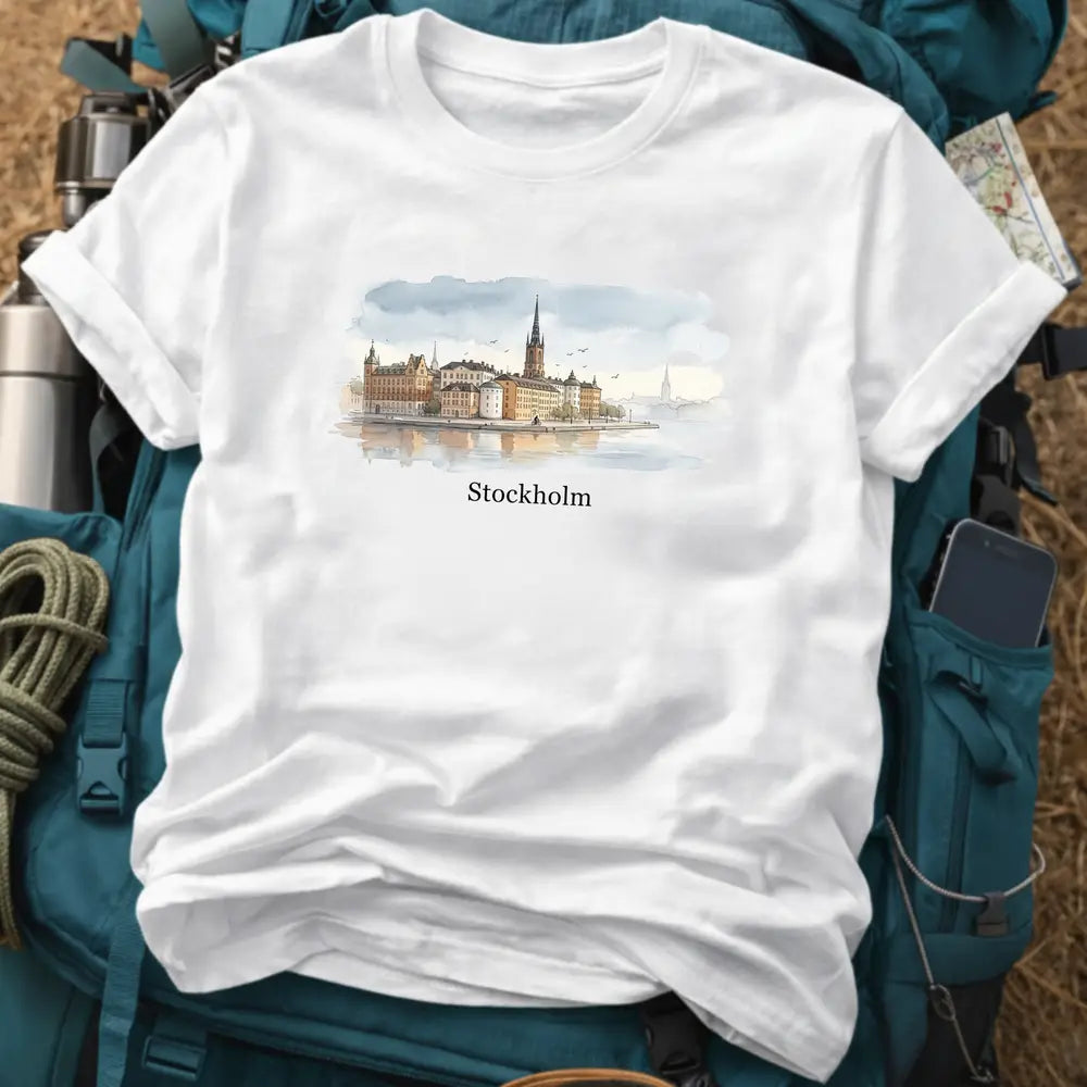Stockholm Sweden T-Shirt – Retro Watercolor Gamla Stan Skyline Graphic Tee