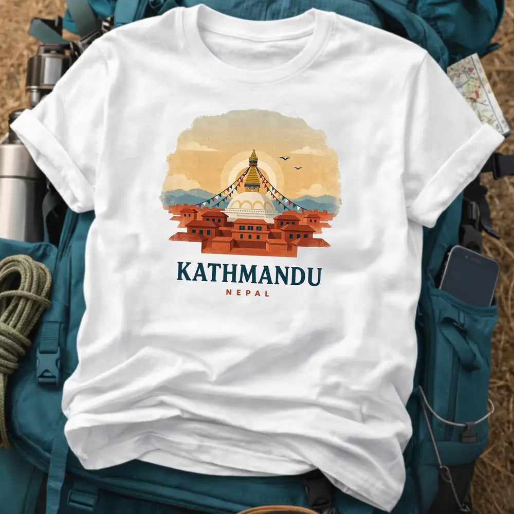 Kathmandu Nepal T-Shirt – Retro Stupa & Prayer Flags Graphic Tee