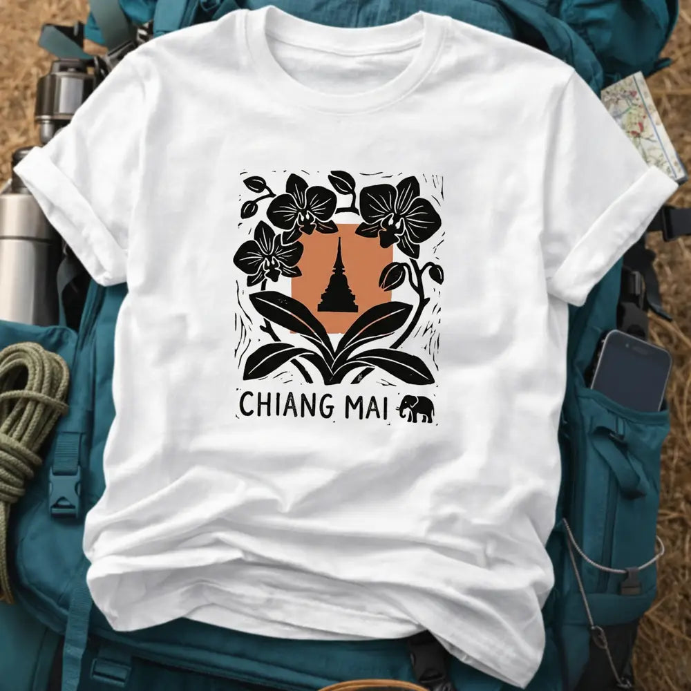 Chiang Mai Thailand T-Shirt – Retro Woodcut Orchid Graphic Tee