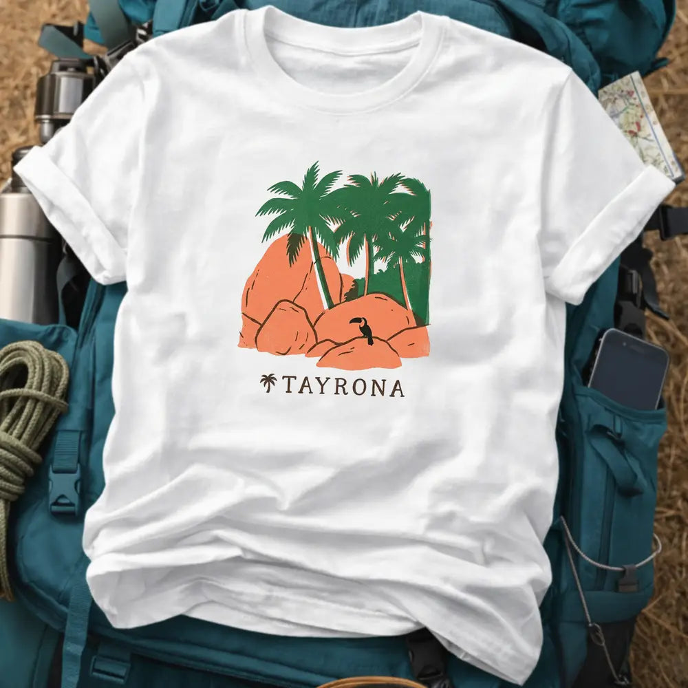 Tayrona Colombia T-Shirt – Retro Woodcut Beach Graphic Tee