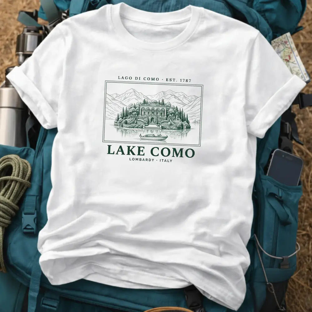 Lake Como Italy T-Shirt – Retro Engraving Grand Villa Graphic Tee