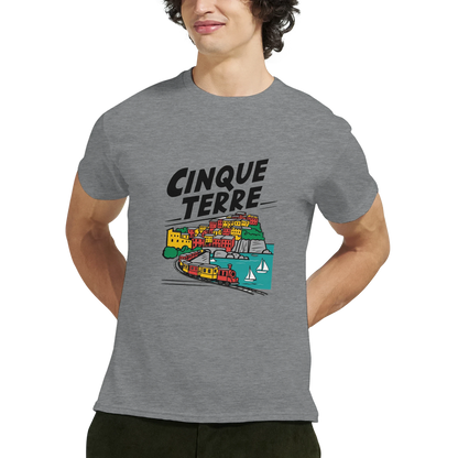 Cinque Terre Italy Unisex Travel T-Shirt featuring a man