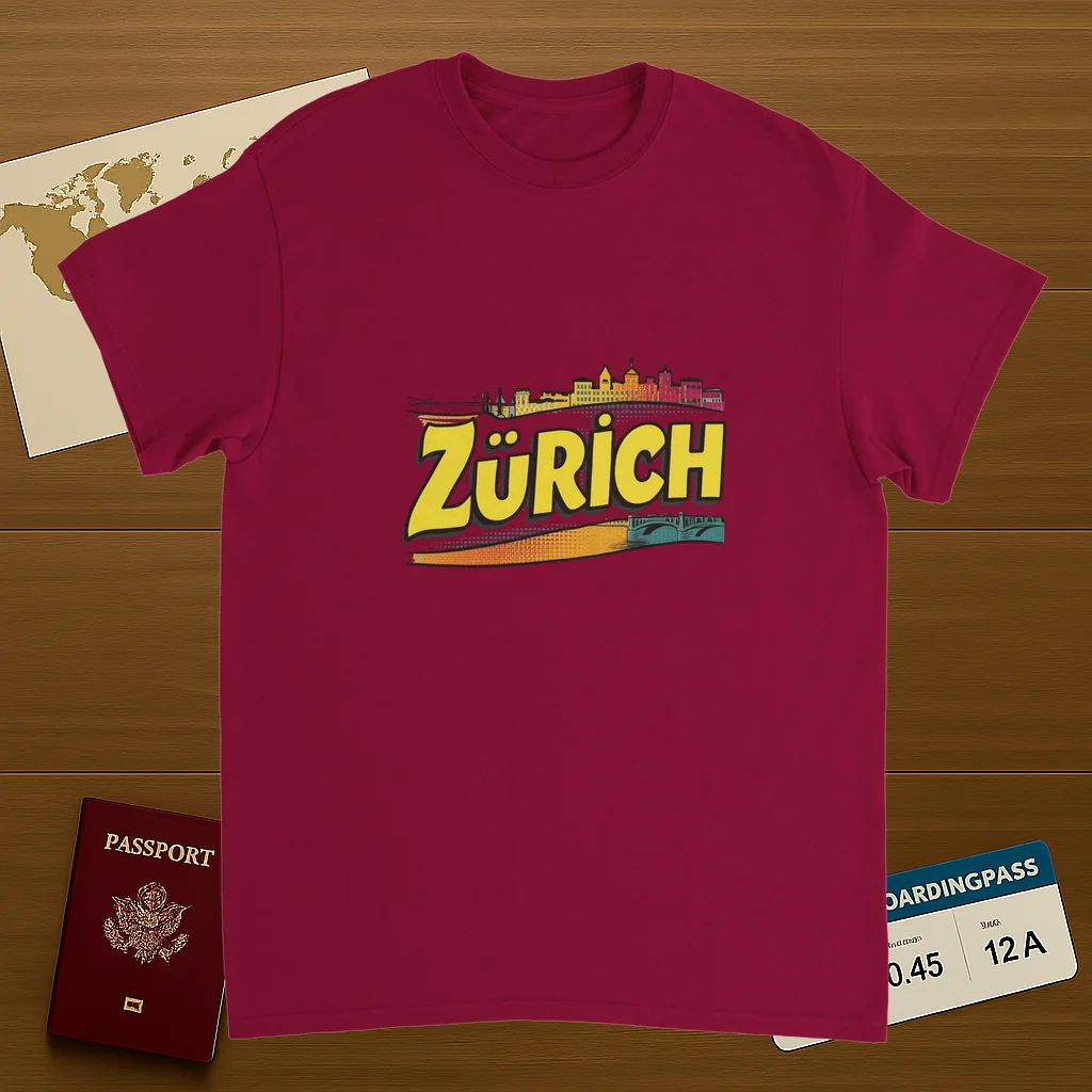 cardinal red Zurich Switzerland Unisex Travel T-Shirt on wooden background with world map, passport, and boarding pass