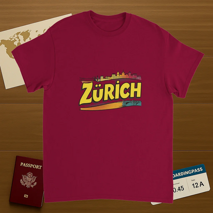 cardinal red Zurich Switzerland Unisex Travel T-Shirt on wooden background with world map, passport, and boarding pass