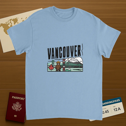 light blue Vancouver Canada Unisex Travel T-Shirt on wooden background with world map, passport, and boarding pass