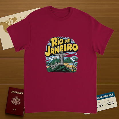 cardinal red Rio de Janeiro Brazil Unisex Travel T-Shirt on wooden background with world map, passport, and boarding pass