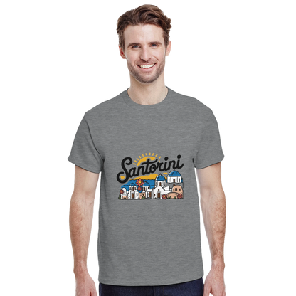 Santorini Greece Unisex Travel T-Shirt featuring a man