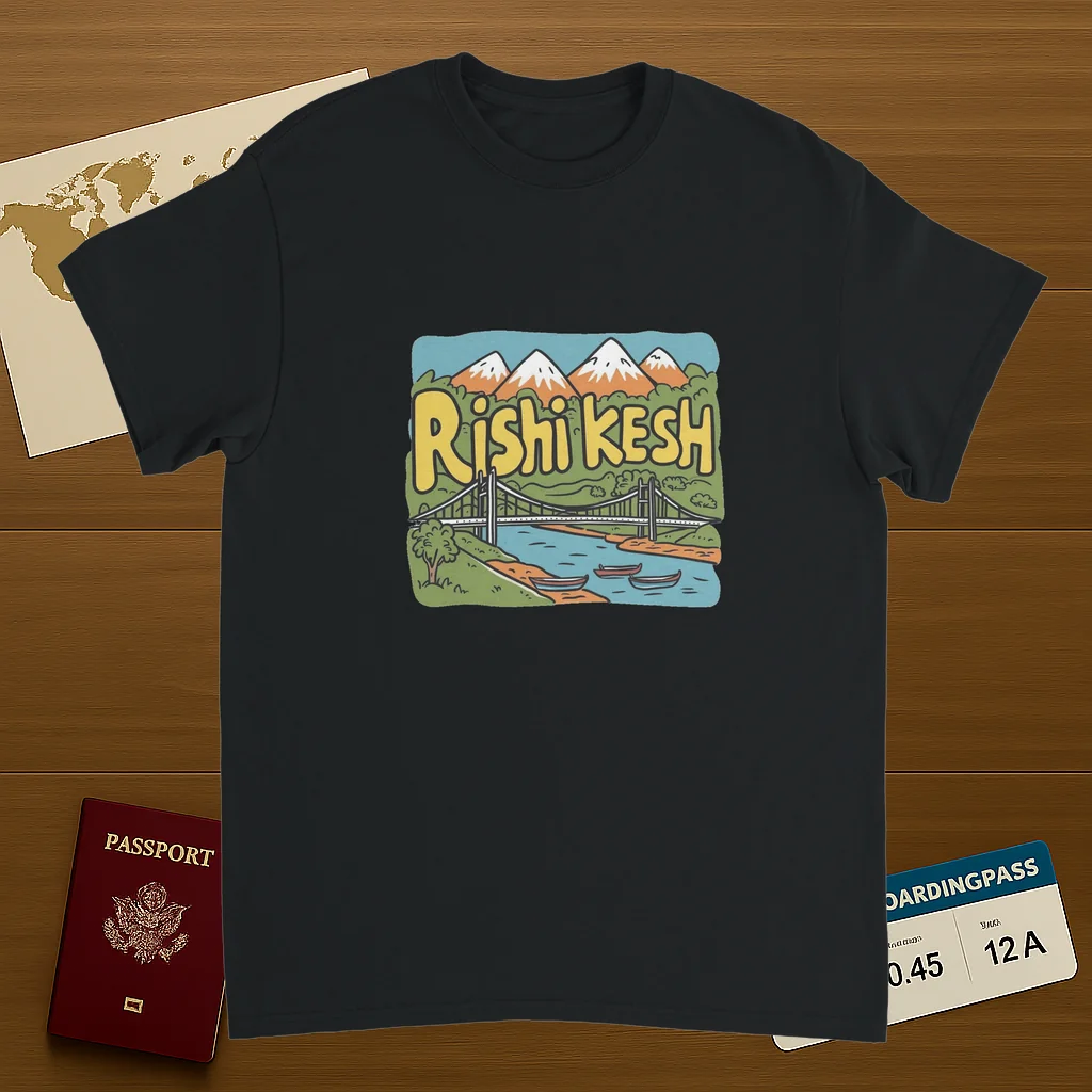 black Rishikesh India Unisex Travel T-Shirt on wooden background with world map, passport, and boarding pass