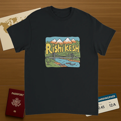 black Rishikesh India Unisex Travel T-Shirt on wooden background with world map, passport, and boarding pass