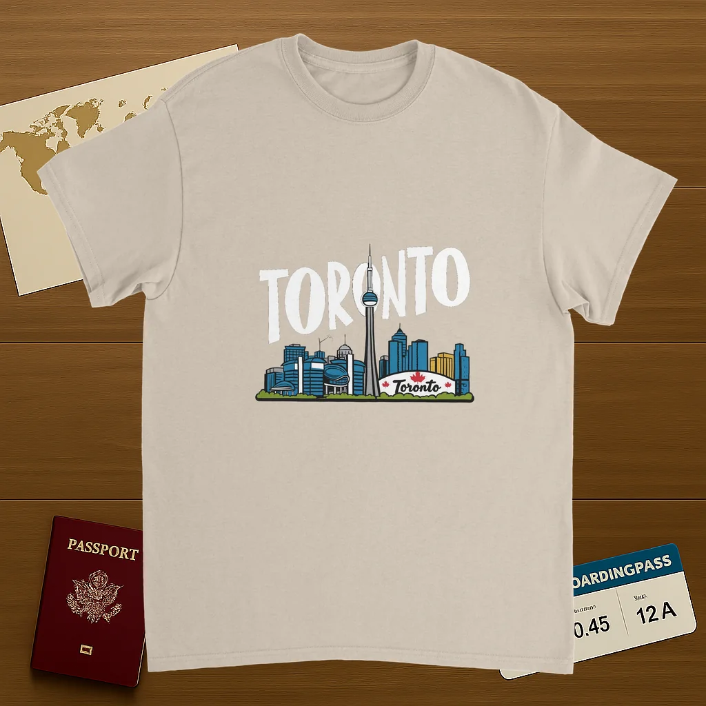 Toronto Canada Unisex Travel T-Shirt on wooden background with world map, passport, and boarding pass