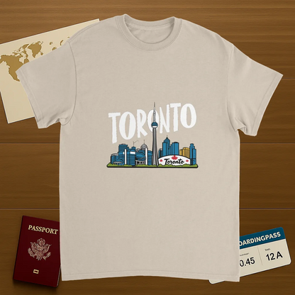Toronto Canada Unisex Travel T-Shirt on wooden background with world map, passport, and boarding pass