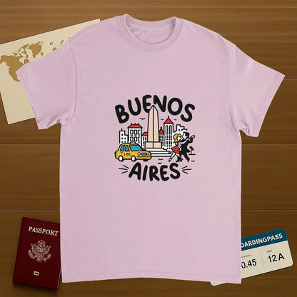 light pink Buenos Aires Argentina Unisex Travel T-Shirt on wooden background with world map, passport, and boarding pass